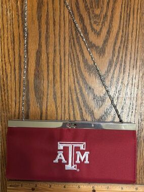 Maroon Satin Clutch with Embroidered A&M Logo and Chain Strap
